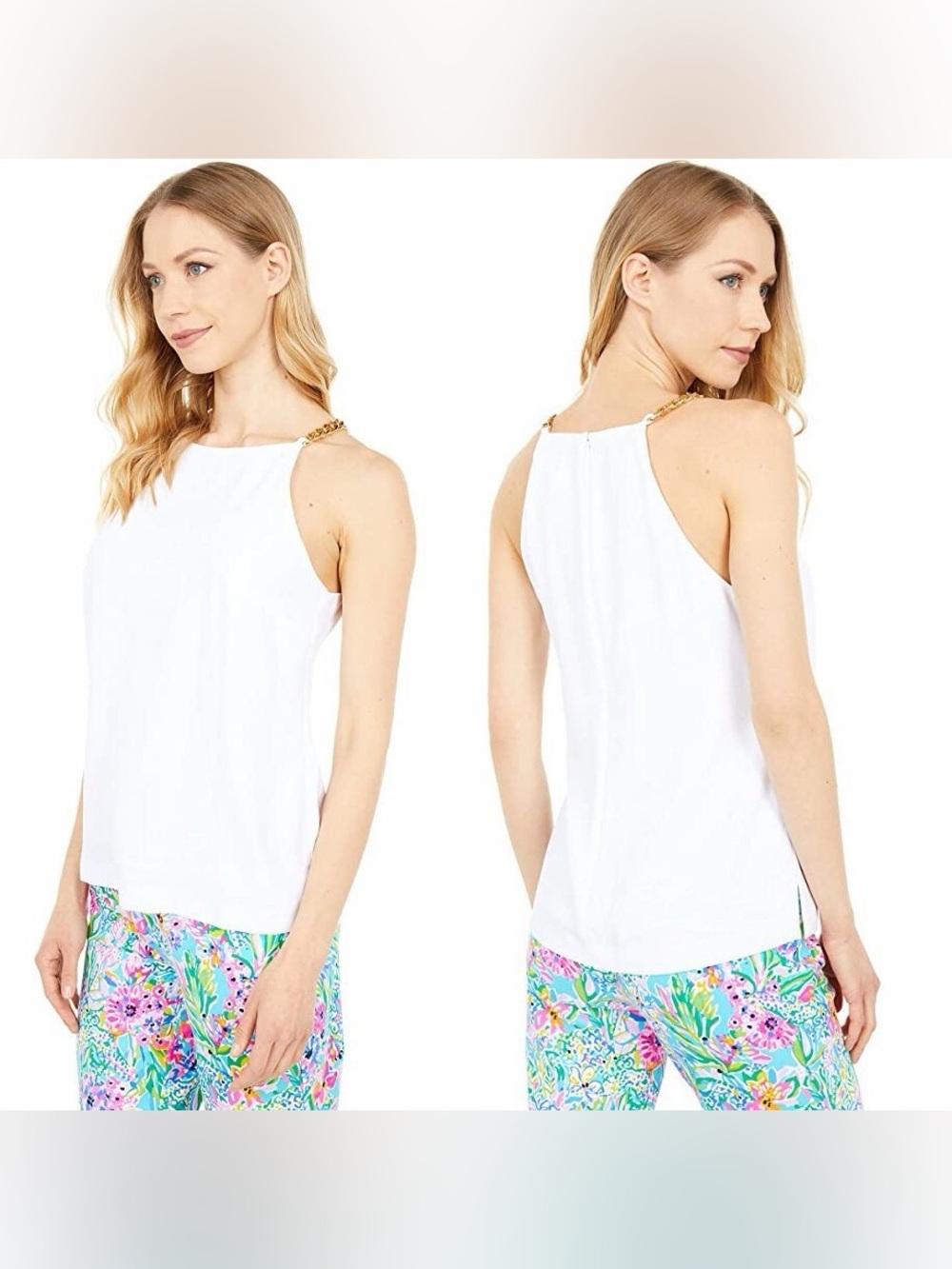 NWT Lilly Pulitzer Adrienne Gold Chain Strap Resort white tank top